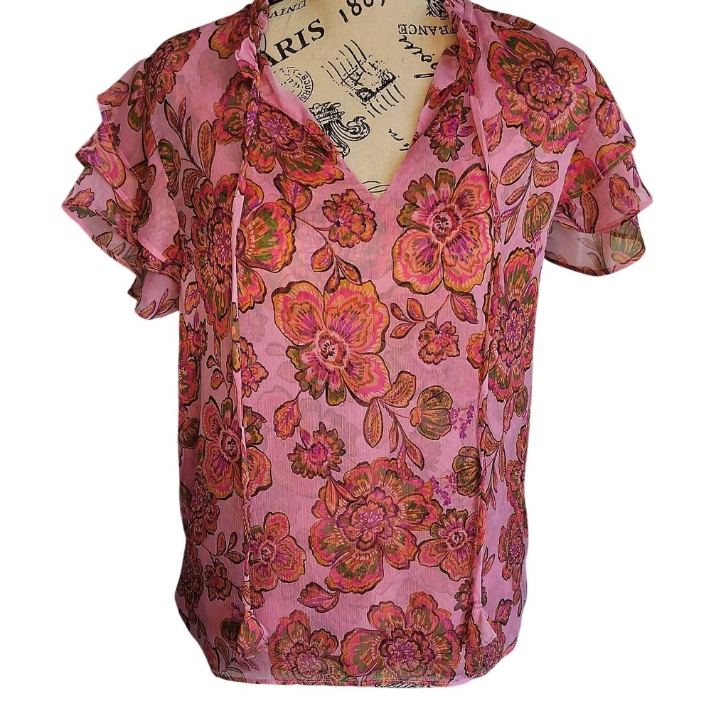 Philosophy Republic Clothing Pink Floral Ruffle Sleeve Tie Neck Blouse Medium‎